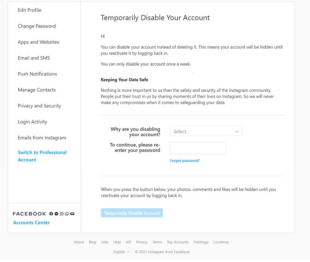 temporarily disable account
